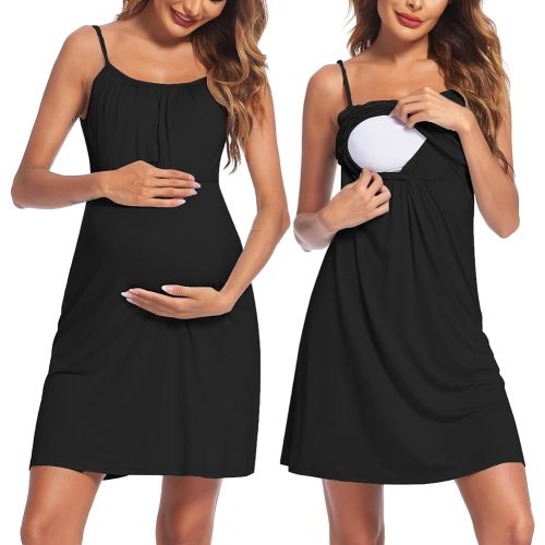 Ekouaer Maternity Nightgown Chenise Pregnancy Clothes Solid Sleeveless Nightdress For Women Black L