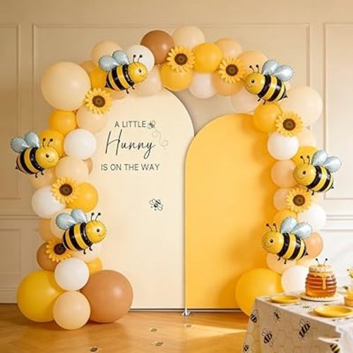 Set of 2 (7.2FT+6FT) A Little Honey is on The Way Arch Backdrop Covers, Honey Bee Themed Stretchy Spandex Cover for Gender Reveal Baby Shower Birthday Party Decoration