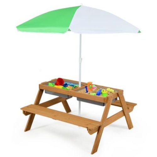 Costway 3-in-1 Kids Picnic Table Wooden Outdoor Sand & Water Table with Umbrella Play Boxes Natural
