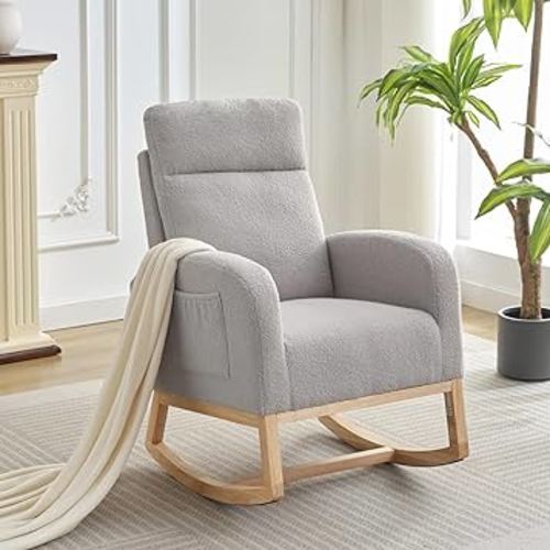 GarveeHome Rocking Chair Nursery,Glider Chair Nursery Chair with High Back and Side Pocket, Rocking Accent Armchair with Rubber Wood Legs for Living Room/Bedroom/Nursery