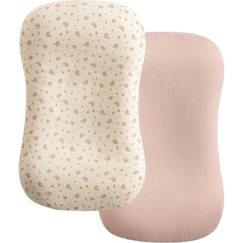habibee Muslin Baby Lounger Cover 2 Pack, Cotton Baby Lounger Pillow Cover for Newborn, Organic Infant Lounger Cover for Boys and Girls, Pink Blossom