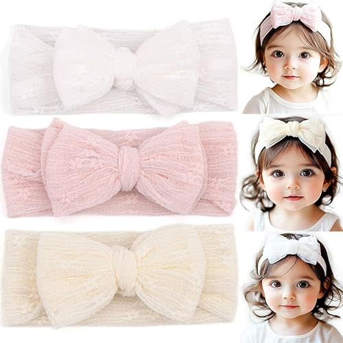 Handmade Baby Headbands Soft Stretchy Nylon Hair Bands with Bows for Newborn Infant Baby Toddler Girls- Pack of 3 (Set-A, 3 Count (Pack of 1))