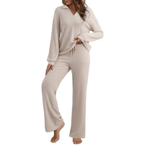 EVALESS Womens Pajama Sets Long Sleeve Sleepwear Matching Drawstring Elastic Pj Pants Ribbed Knit 2 Piece Lounge Set