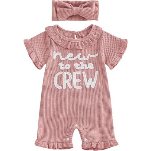 Sejardin Baby Girl Romper Letter Embroidery Newborn Infant Summer Clothes Short Sleeve Ruffle Crew Neck Jumpsuit Headband