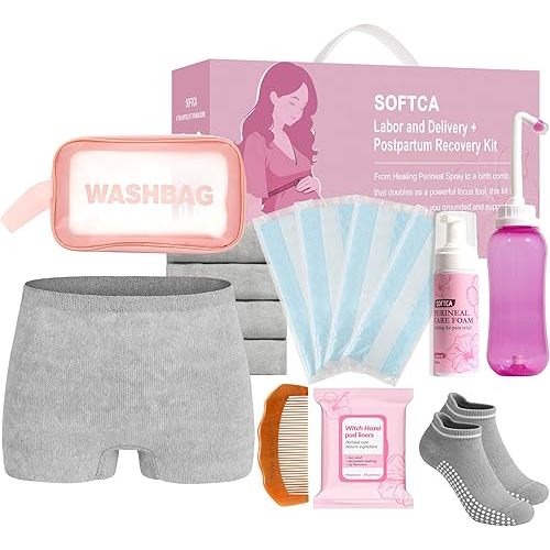 Postpartum Recovery Essentials Kit - Birth Comb,Peri Bottle,Disposable Postpartum Underwear,Perineal Healing Foam,Instant Ice Pads,Cooling Pad Liners,Socks,Wash Bag,Postpartum Kit Gift Set