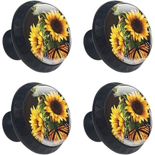 4 Pcs Cabinet Knobs Sunflower and Butterfly Dresser Drawer Pulls Round Glass Cupboard Wardrobe Furniture Handles with Screws for Home Office 35mm (1-3/8 Inches)