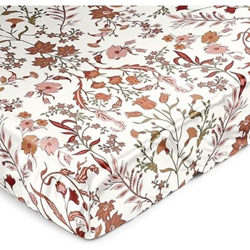 Sweet Jojo Designs Ivory and Orange Boho Vintage Floral Girl Baby Satin Fitted Crib Sheet Infant Newborn Nursery Toddler Bed Room Standard Mattress Bohemian Wildflower Burgundy Botanical Farmhouse