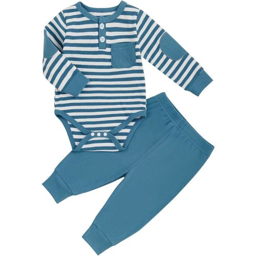 fhutpw Baby Boy Clothes 3 6 12 18 Months Ribbed Knitted Long Sleeve Romper and Pants Sets Newborn Fall Splicing Color Outfits