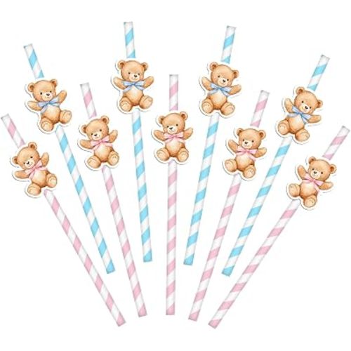 Bear Gender Reveal Decorations, 40 PCS Gender Reveal Paper Straws, Boy or Girl Bear Theme Party Supplies, Gender Reveal Party Decorations Gifts Ideas, Baby Shower Party Supplies