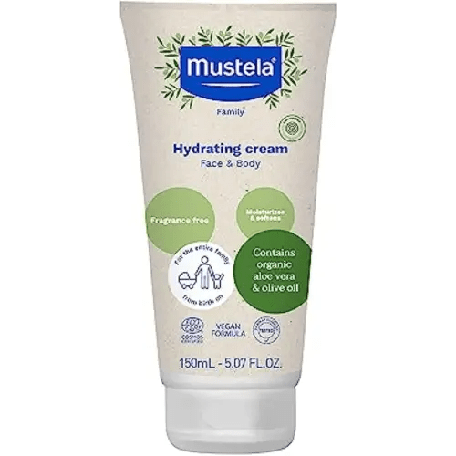 Mustela Certified Organic Hydrating Cream - Natural Body Lotion w/Olive Oil, Aloe Vera & Sunflower Oil - For Baby, Kid & Adult - Fragrance Free, EWG Verified & Vegan - 5.07 oz. - Packaging may vary