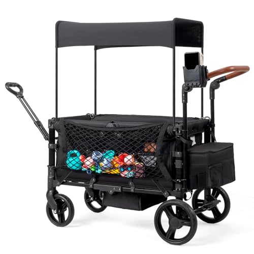 Stroller Wagon for 2 Kids with Footwell, Foldable All-Terrain Wagon Stroller with Adjustable Push/Pull Handle, Canopy, Parent Organizer, 5-Point Harness, Ideal for Travel & Outdoor Adventures (Black)