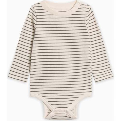 Sammy Ribbed Snap Shoulder Long Sleeve Bodysuit Olive Stripe - Colored Organics | Maisonette