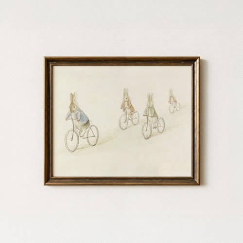 Vintage Bunnies on Bikes | Peter Rabbit Style Nursery Art | Baby Room Artwork Decor | Bunny Gift Idea | Mailed Print