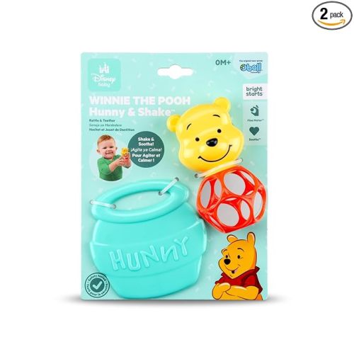 Bright Starts Disney Baby Winnie The Pooh Hunny & Shake Rattle & Teether, Stroller Toy for On The Go, Newborns & Up