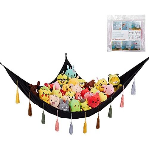 Toy Hammock for Stuffed Animals, KoHuiJoo Stuffed Animal Hammock Net Jumbo Plush Toy Storage Cornet Net 70" Wall Sling Giant Baby Kids Children Teddy Bear Mesh Toy Net Organizer Black with Tassels