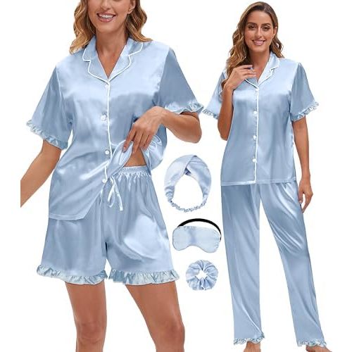 Silk Pajamas for Women 3 Piece Satin Pajama Set Ruffle Cute Pj Sets Button Down Sleepwear Side Pockets