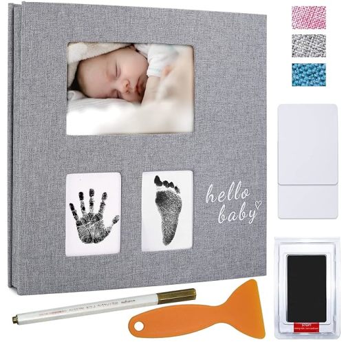Vienrose Baby Photo Album Self Adhesive Memory Book 4x6 Scrapbook Kit with Clean-Touch Ink Pad Handprint Footprint and A Metallic Pen for Boy/Girl 3 Windows 40 Pages - Grey-L - 13"x12.8"