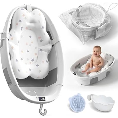 Collapsible Baby Bathtub - Large Baby Bath Tub with Thermometer | Bath Essential Bañera para Bebe Easy Fold Baby Tub | Travel Infant Newborn Toddler Bathtub for Baby Girl Boy 0 to 36 Months (Grey)
