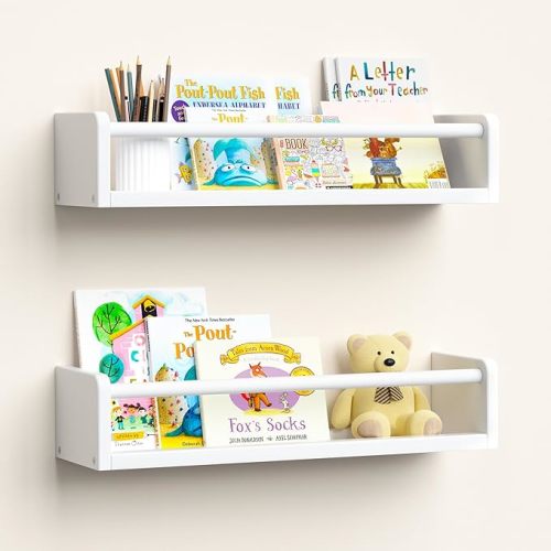 upsimples 2 Pack Nursery Book Shelves, 15.7 Inch Floating Bookshelves for Wall, Baby Nursery Decor, Small Solid Wood Wall Mounted Shelves for Baby Kids Boys Girls, White