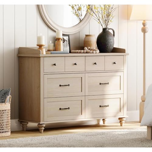 WAMPAT Beige Dresser for Bedroom with 6 Drawers, Farmhouse Kids Dressers with Wide Chest of Drawers, Light Wood Closet Storage Organizer, Baby Dresser for Living Room, Nursery