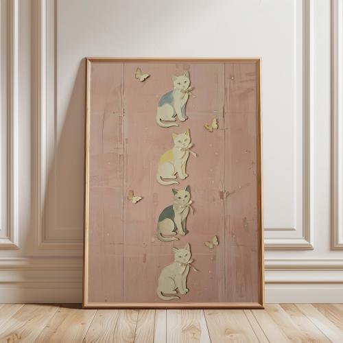 Vintage Storybook Cat Wall Art, Pink Girls Room Animal Illustration Print, Naive Folk Kittens with Bows Cottagecore Whimsical Nursery Decor