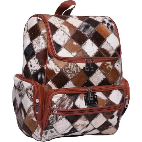 Luxury Cowhide Leather Backpack for Women & Men – Genuine Hairon Cowhide Western Diaper Bag, Stylish Work & Travel Laptop Backpack with 14” Padded Sleeve, Spacious Interior & Durable Zippers