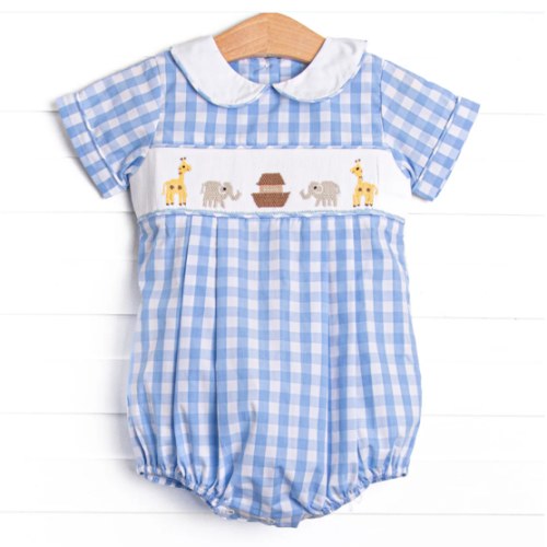 Noah's Ark Smocked Collared Bubble, Blue – Stitchy Fish