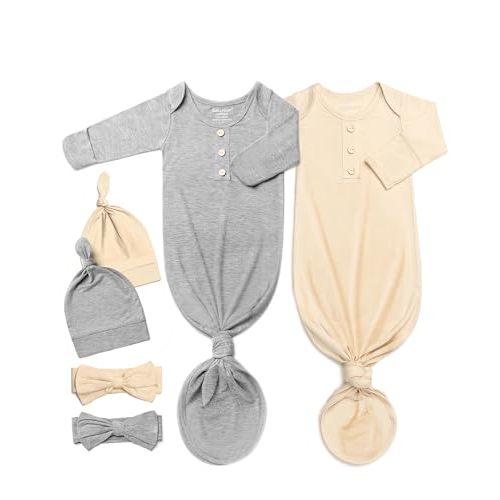 Baby Noah Newborn Knotted Gown Set with Hat and Headband, Soft Tie Bottom Newborn Sleepers for Baby Girl Boy (2 Packs)