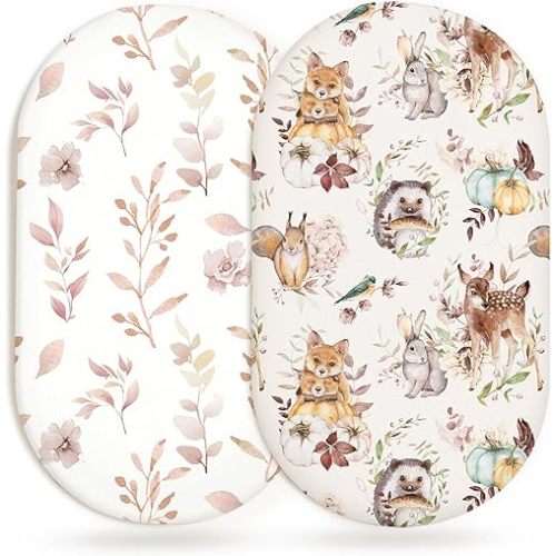 Bassinet Sheets for Baby Girls Boys 2 Pack, Fitted Baby Mattress Sheet for Rectangle, Oval, Hourglass Bassinet Mattress, Breathable Cozy & Universal Fit (Forest Friends, Bassinet Sheet)
