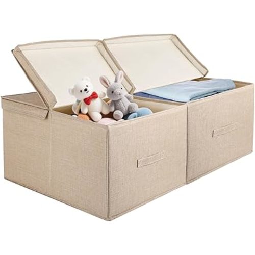 Homaisson 2 Pack EXTRA LARGE Blanket Storage Baskets with Lids, 20x16x12Closet Organizers Bins for Clothes Towel Toy Storage Box with Lid Handles Stackable Decorative Fabric Bins for Home Storage