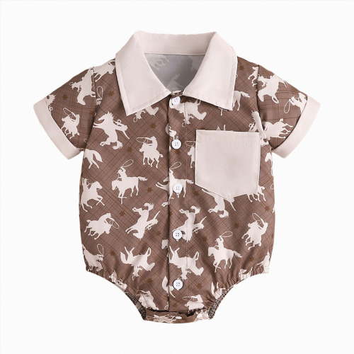 Farysays Western Baby Boy Outfit Short Sleeve Cowboy Dress Shirt Bubble Romper Button Bodysuit Oneise Clothes