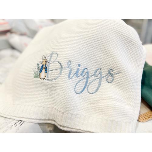 Embroidered Personalized Knit Baby Blanket, Hospital Newborn Baby Shower Gift, easter blanket basket, peter rabbit cottontail bunny baby