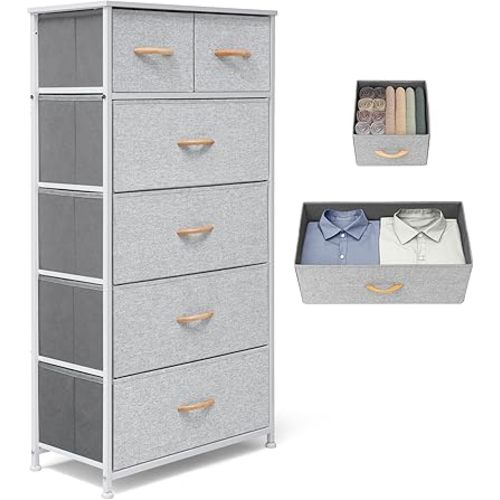 Fabric Dresser for Bedroom, Tall Skinny Dresser with 6 Drawers, Storage Organizer Tower, Steel Frame Wooden Top for Closet, Living Room, Hallway(Light Gray)