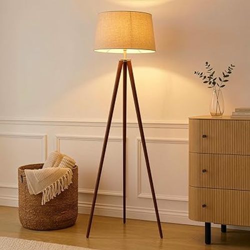 Brightech Emma LED Floor Lamp, Tall Lamp with Wood Legs, Mid-Century Modern Standing Lamp for Bedroom Reading, Tripod Lamp for Living Rooms & Offices, Great Living Room Decor - Walnut Brown