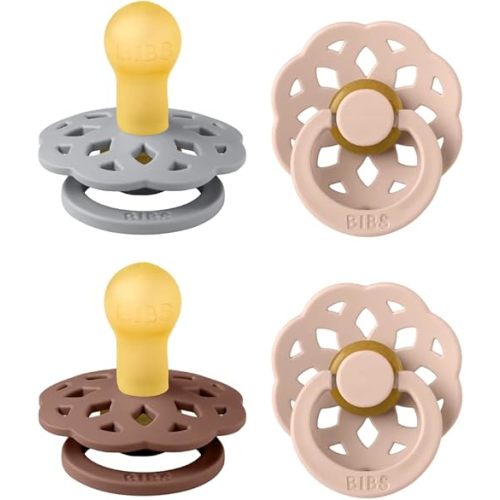 BIBS Boheme Soother 4-Pack | BPA Free Dummy Pacifier | Round Nipple | Natural Rubber Latex | Made in Denmark | Size 0-6 Months | Woodchuck Mix