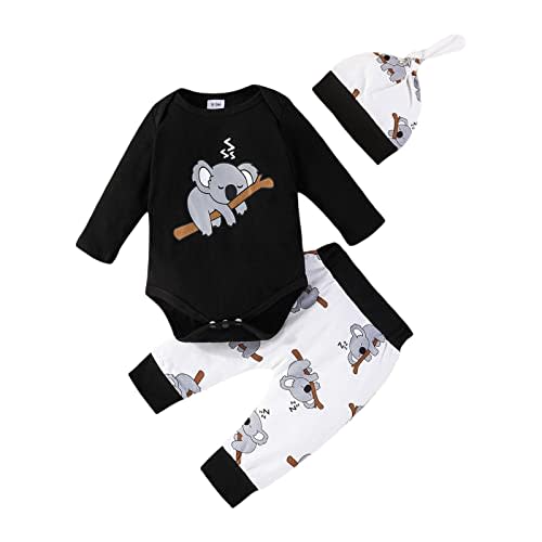 FOMOYUU Newborn Baby Boy Clothes Long Sleeve Romper Koalas Print Coming Home Outfit Pant Set for Fall Winter-Black