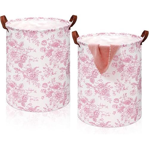 2 Pcs Pink Floral Laundry Basket Coquette Storage Basket for Girls Nursery Hamper with Handles Foldable Waterproof Collapsible Storage Bin Organizer for College Dorms Bathroom (Floral)