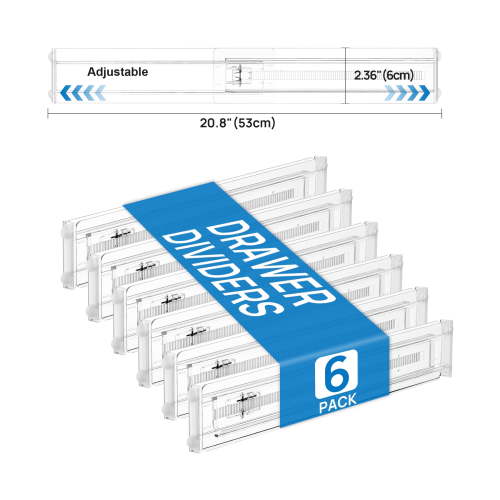 Vtopmart 6 Pack Drawer Dividers for Kitchen, Adjustable 2.3" High Expandable from 12.9"-21.4" Drawer Organizer