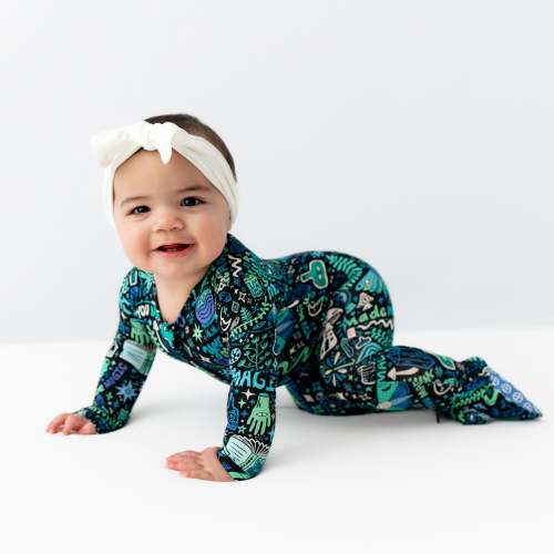 Bamboo Footie Zipper Baby Pajama - Mystic Mama Blue Bamboo Onesie Sleeper - You Made Magic Affirmation – Raising Mama