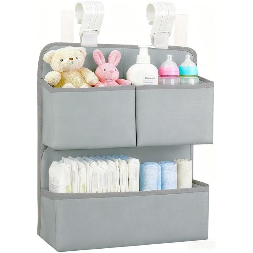 Hanging Diaper Organizer for Bassinet/Crib/Playpen/Playard – Hold 80+ Diapers - Changing Table Diaper Holder Attachment Accessories- Diaper Stacker Nursery Caddy Organizer (Gray)