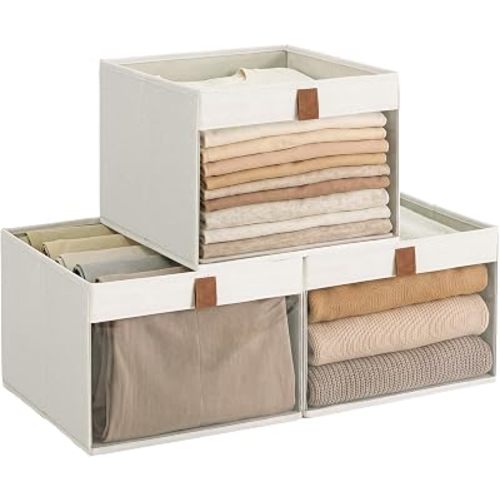 StorageWorks Fabric Storage Bins with Clear Window, Beige, 3-Pack