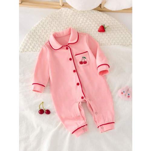 SHEIN Newborn Baby Girl Cartoon Cherry Embroidered Lapel Snap Long Pants Knit Soft Skincare Romper Pajama Set | SHEIN USA