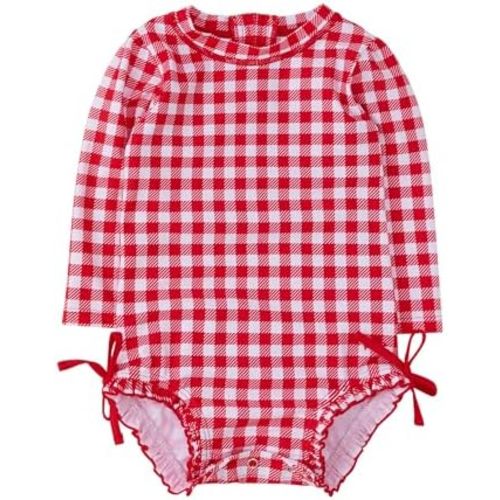 RuffleButts Baby Girls UPF 50+ Sun Protection Gingham Printed Long Sleeve One Piece Rash Guard Swimsuit with Zipper