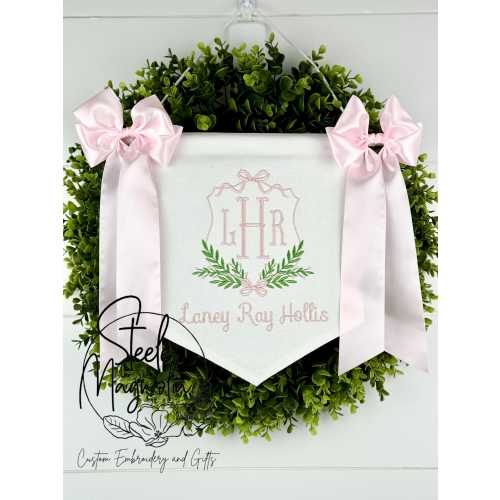 Pink Bow Floral Baby Banner Hospital Door Announcement Sign Embroidered Bespoke Banner for Nursery Personalized Flower Girl Baby Shower Gift