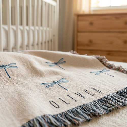 Personalized Dragonfly Baby Blanket, Custom Name Woven Throw, Dragonfly Nursery Decor, Baby Shower Gift, Neutral Baby Blanket