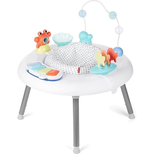 Skip Hop 2-in-1 Baby Activity Center with 20+ Developmental Activities Light-up Musical Piano for Tummy Time Play 4 Clip-on & Moveable Toys and 360-degree Rotating Seat Seascape Age 4m+