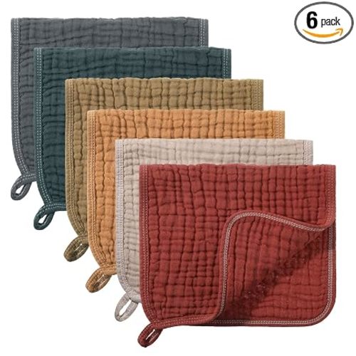 Hicarer Dark Color 6 Pcs Baby Girl Muslin Burp Cloths, Cotton Spit Rag | 20 x 10 " 6 Layers Spit Rags, Warm Large Cotton Wash Cloth, Soft Absorbent Burping Newborn Essential Towel for Baby Shower