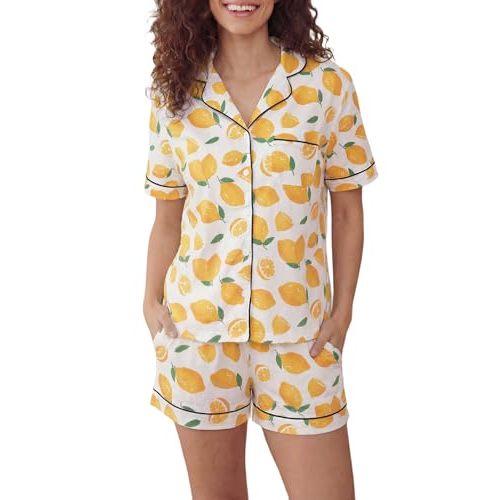 LUBOT 100% Cotton Pajamas for Women Pajama Set with Pockets Soft 2 Piece PJ Short Sleeve Button Knit Summer Sleepwear XS-XXL