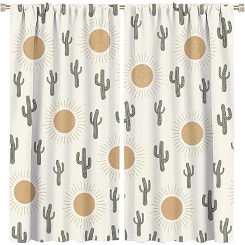 Cactus Curtain Boho Rustic Sun Cactus Pattern Blackout Print Rod Pocket Window Drapes for Bedroom Living Room 42x54in