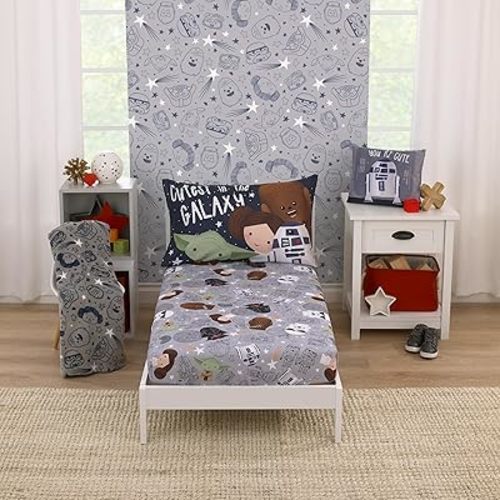 Star Wars Welcome to the Galaxy Navy and Gray Yoda, Princess Leia, R2-D2, and Chewbacca 2 Piece Toddler Sheet Set - Fitted Bottom Sheet and Reversible Pillowcase